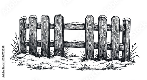 Rustic wooden fence with snow-covered ground in vintage style