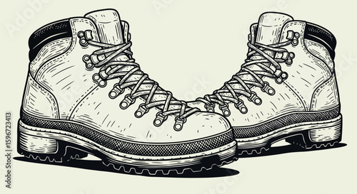 Detailed hiking boots in vintage hand-drawn style for outdoor adventure design