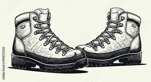 Vintage hiking boots in detailed black and white engraving style