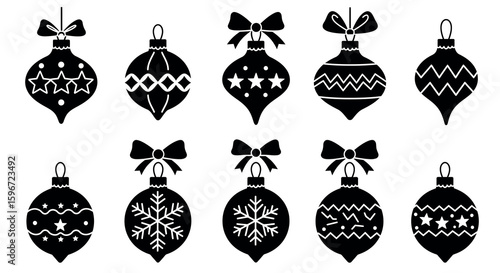 Elegant silhouette christmas ornaments set with bows and patterns