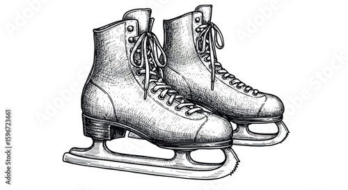 Detailed vintage ice skates drawing in black and white