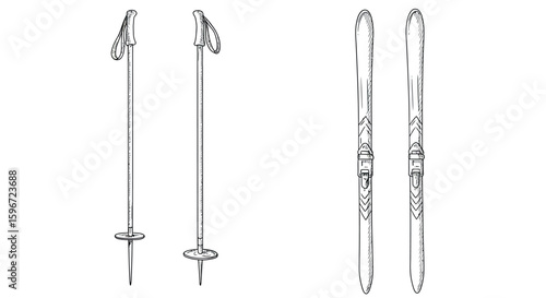 Detailed ski and poles illustration: outline of winter sports gear
