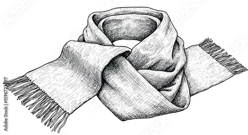 Hand drawn cozy scarf sketch with tassels for winter fashion design