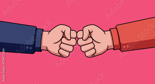 Colorful cartoon fist bump with sleeves on pink background