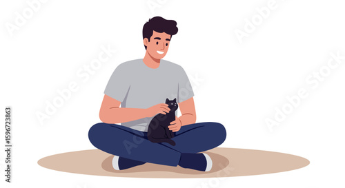 Smiling man sitting cross-legged with cat in casual relaxed pose