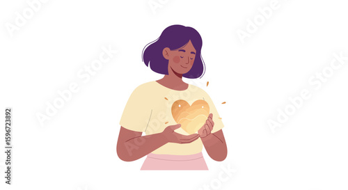 Happy woman holding glowing heart: love and self-care concept in flat art