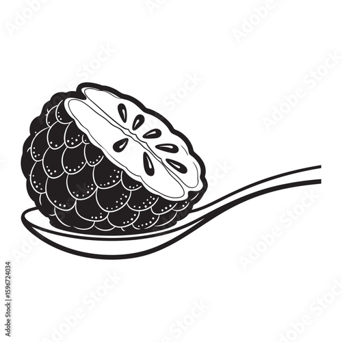 Halved Cherimoya Fruit on Spoon Black and White Vector Icon