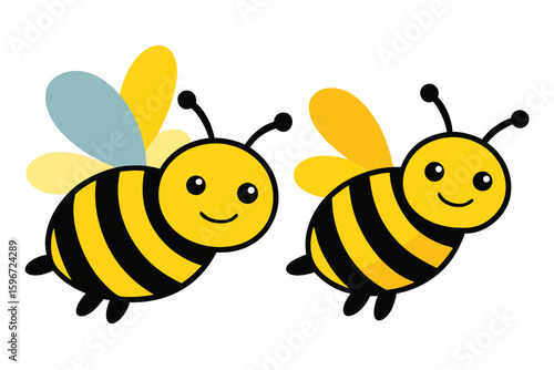 Two Cute Cartoon Bees Flying Yellow Body With Black Stripes