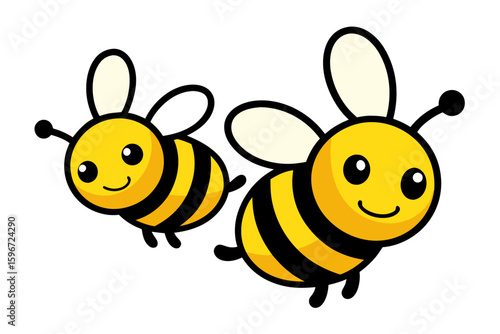 Two Cute Cartoon Bees Flying Yellow Body With Black Stripes