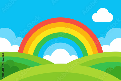 Vibrant Cartoon Landscape Rolling Green Hills Flowers And Sky