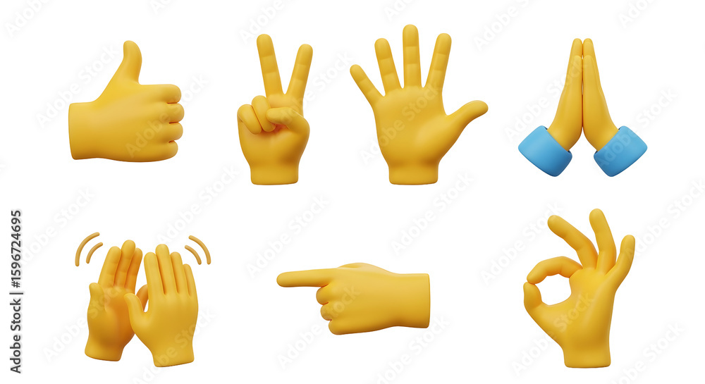 Fototapeta premium 3D illustration of seven yellow hand emojis with various gestures including thumbs up, peace sign, open palm, prayer hands, clapping, pointing, and OK sign on transparent background