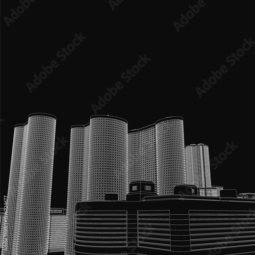 Black and white city skyline with tall buildings in clean contour style. The urban townscape features sharp silhouettes against a dark background. Simple yet striking monochrome illustration.