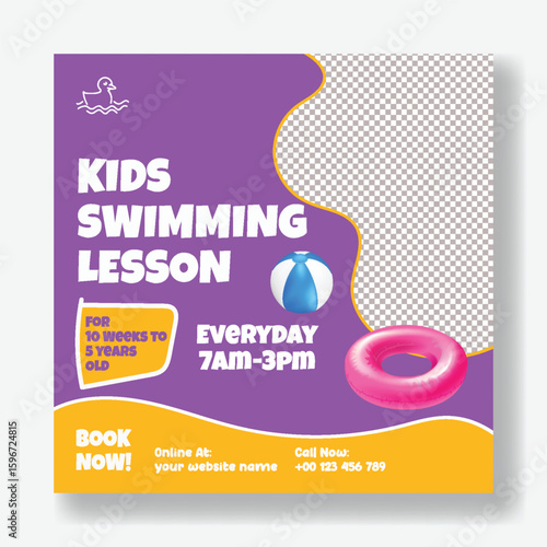Swimming Lesson Services and kids party social media post banner design, kids summer camp, Kids Activities square flyer or Poster editable template