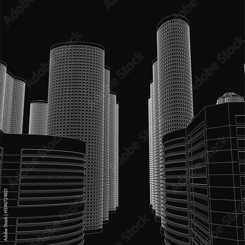 Black and white city skyline illustration featuring tall buildings with clean contours. The urban silhouette stands out against a dark background, creating a striking contrast.