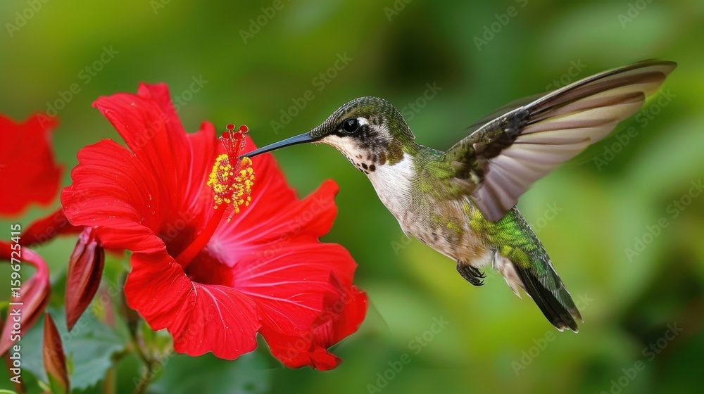 Naklejka premium Hummingbird Feeding on Vibrant Red Hibiscus Flower in Nature