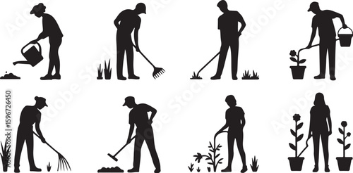 Silhouetted gardeners working with gardening tools