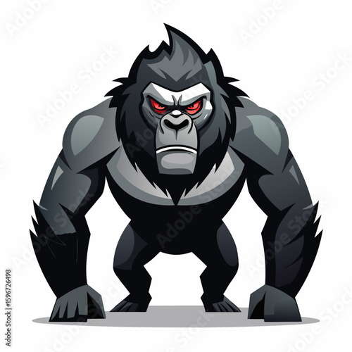 Mountain blackish gorilla in defensive pose, on white background