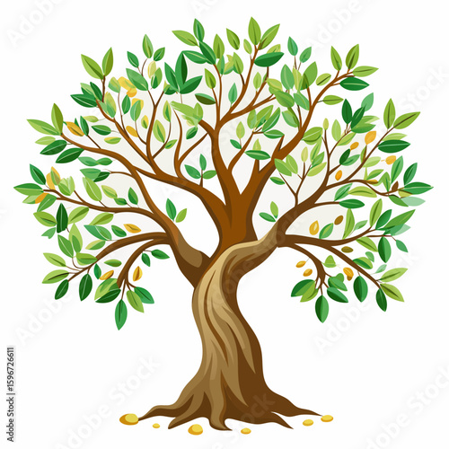 Olive tree with gnarled bark and olives, white background