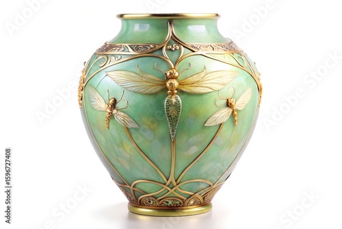 Elegant Art Nouveau Vase with Mint-Green Vines, Iridescent Dragonflies & Gold Filigree on Pastel Haze