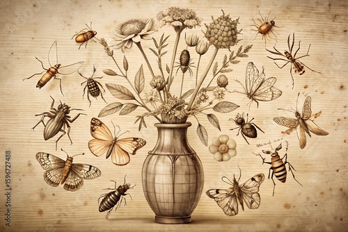 Scientific Illustration-Style Vase with Insects & Labeled Wildflowers – Sepia-Toned Line Art on Vintage Paper