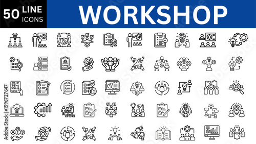 workshop icons, icon set of teamwork with coaching, training, meeting, simple symbols, linear vector illustration, outline editable stroke