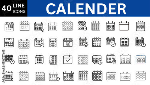 Calendar icon set. Containing date, schedule, month, week, appointment, event, time, planning, day, agenda, clock and more. Editable line icons. Vector illustration. 