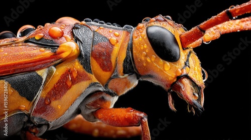 Close-up of a colorful beetle covered in water droplets.