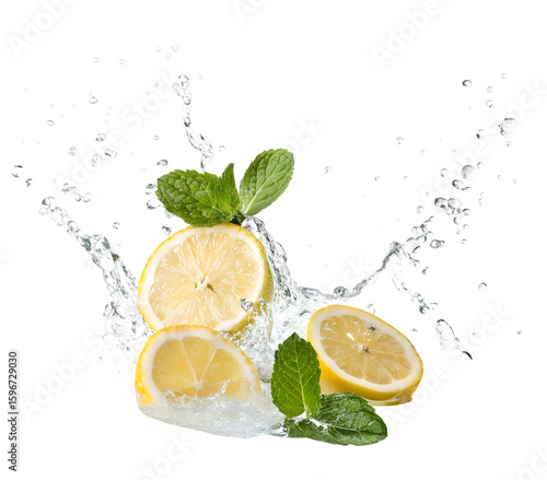 Lemon slices and mint splashing in water isolated on transparent background