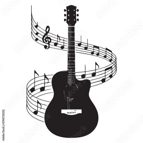 Vector art of acoustic guitar silhouette with swirling musical notes and a treble clef, representing the beauty of music