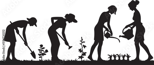 Women gardening planting flowers with tools