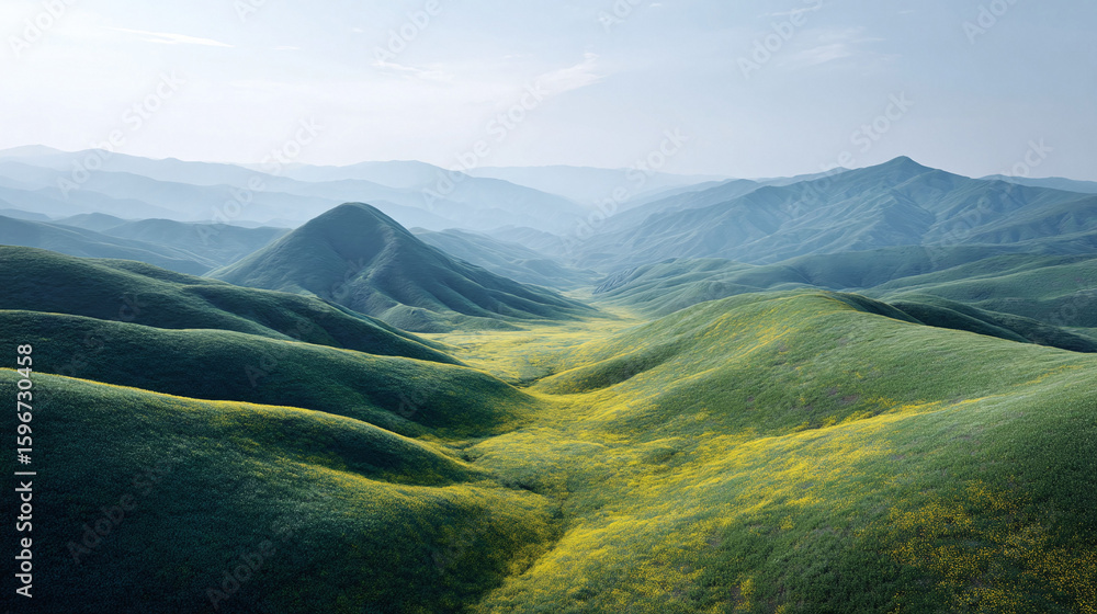 Fototapeta premium Rolling green hills meet distant mountains in a tranquil landscape. Ideal for conveying peace, nature, growth, and new beginnings. Scenic vista for travel, environment.