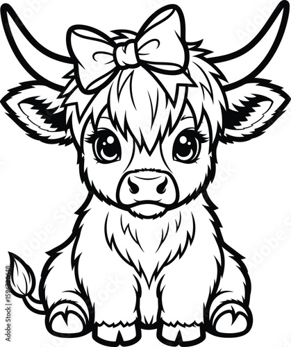 Adorable cartoon Highland cow girl with bow.