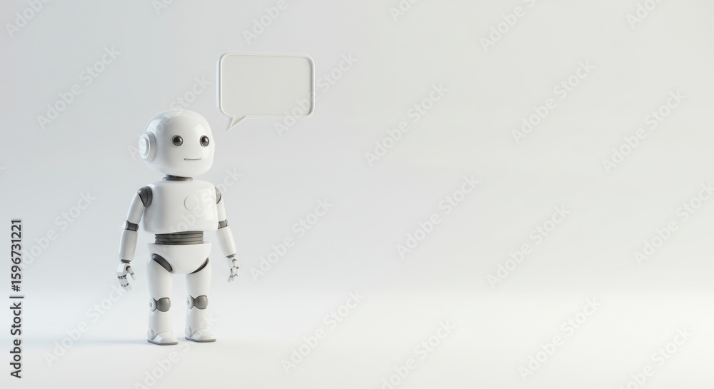 Fototapeta premium Small white robot figure stands on a white surface with a thought bubble.