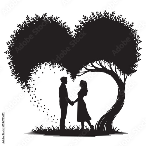 Vector art of a loving couple stands handinhand beneath a heartshaped tree, creating a romantic silhouette