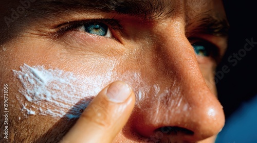 Close-up of a man applying sunscreen to his face.