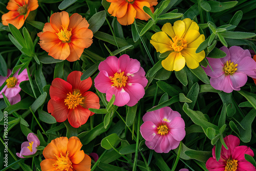 Colorful Portulaca grandiflora flowers in garden, moss rose

