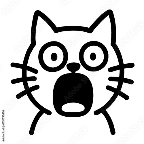 Minimalist shocked cat face with wide eyes and open mouth, bold black line art on white background
