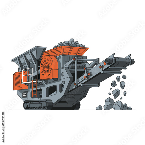 Industrial rock crusher machine with conveyor belt discharging crushed stones.