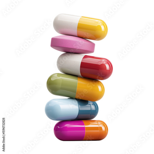 Stack of colorful pills and capsules on a white background representing medication