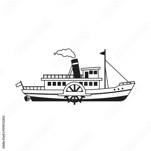 A detailed illustration of a classic steamboat with a paddle wheel, smoke, and flags.