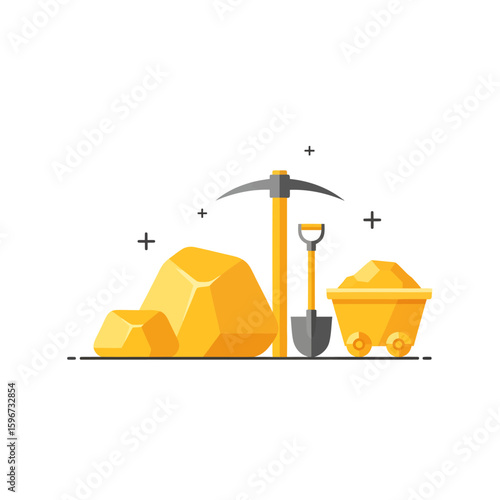 Gold mining tools and ore; pickaxe, shovel, and gold nuggets in a mine cart.