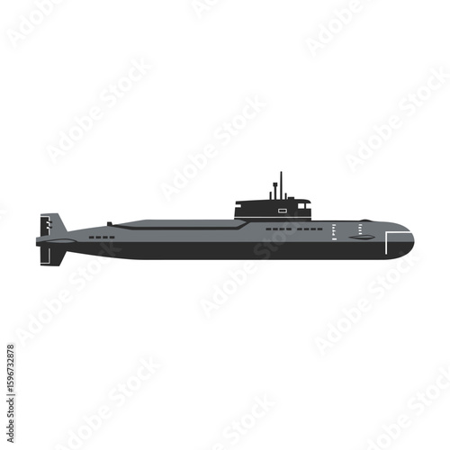 A sleek, dark gray submarine, profile view, underwater vessel, military technology.