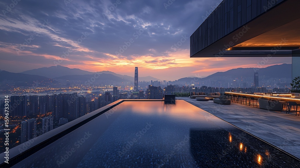 Fototapeta premium Rooftop infinity pool with city skyline view at dawn