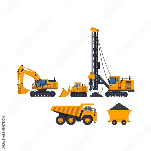 Heavy machinery, including excavator, bulldozer, drill rig, dump truck, and mining cart, depicts mining or construction operations.