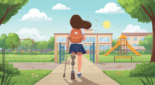 Girl with prosthetic leg walking towards school on sunny day - Concept of Going to School  
