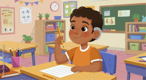 Young boy thinking while sitting at desk in classroom - Concept of Going to School  