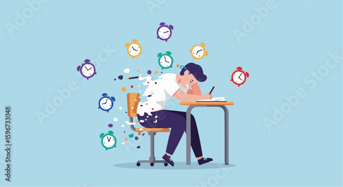 Student studying at desk with alarm clocks representing time pressure  