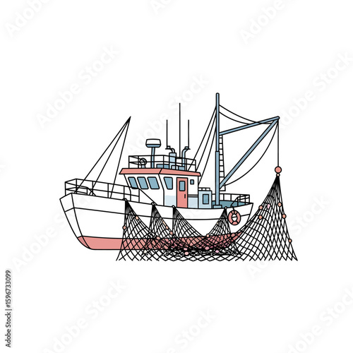 A small fishing trawler hauling in nets, depicted in a simple, illustrated style.