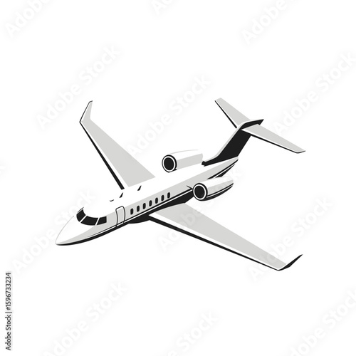 A stylized illustration of a private jet in flight against a white background.