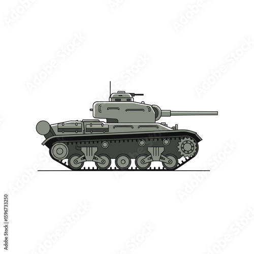 Side profile illustration of a military tank, showcasing its tracks, turret, and main gun.